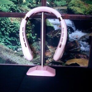 Pink neck fan with LED lights & matching gaming charge-thru LED headset holder
